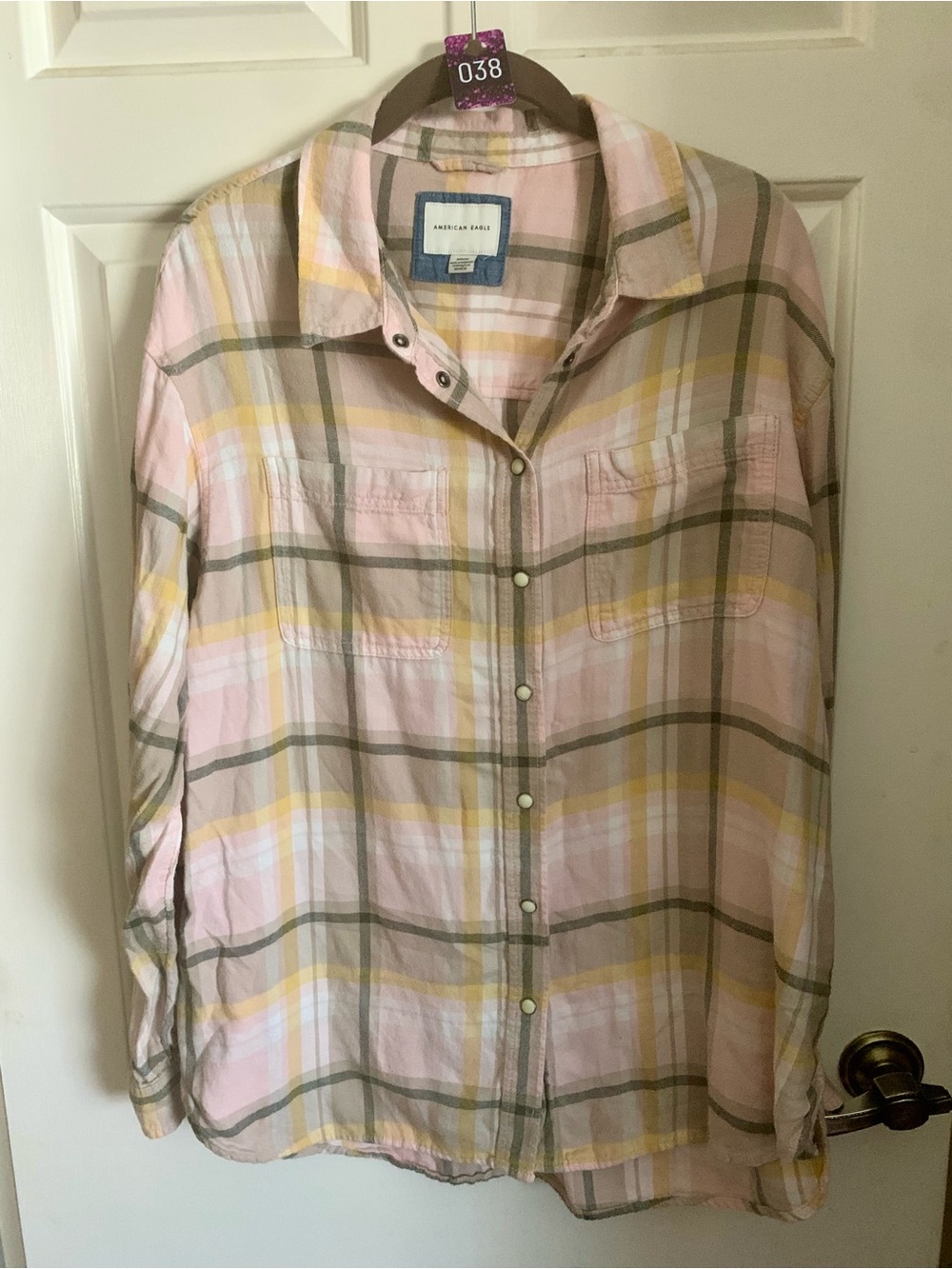 American Eagle Pastel Pink & Yellow Plaid Shirt